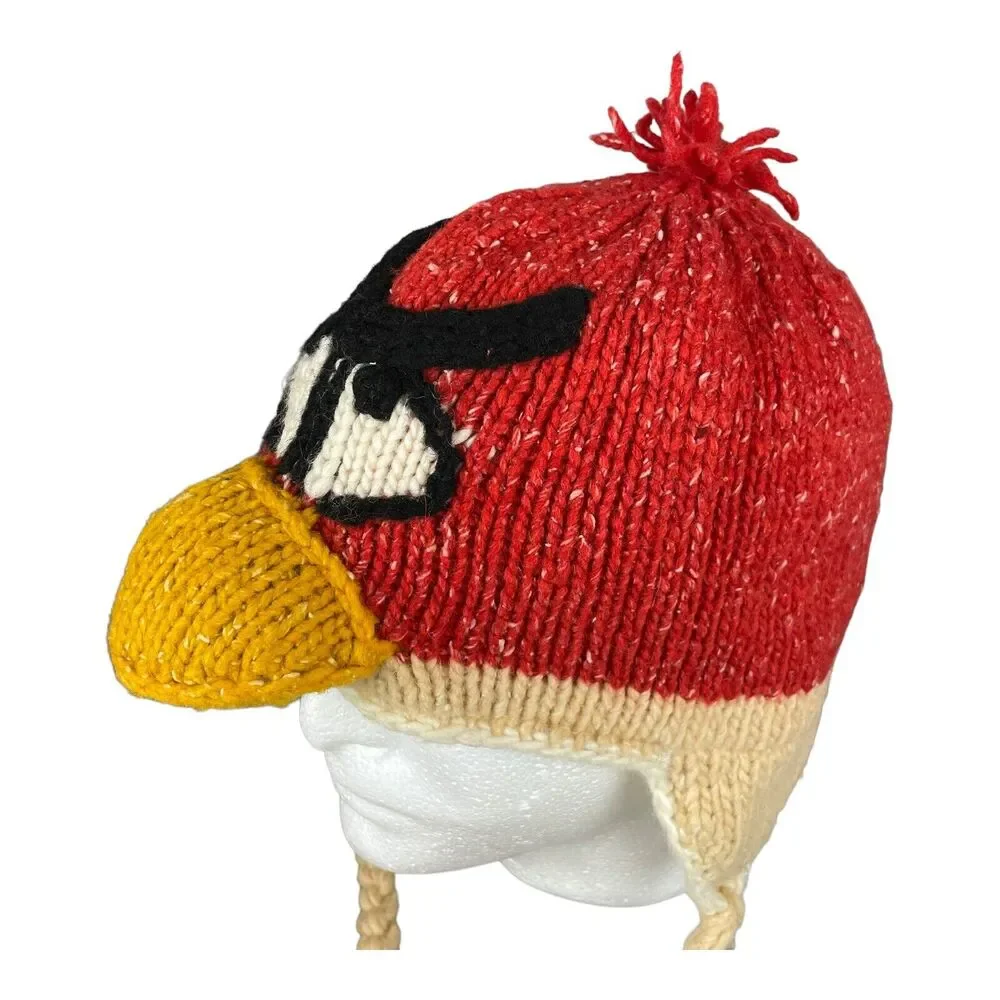 Angry Birds Beanie Crochet Hand made Wool blend Hat Cap Red Yellow Tassels